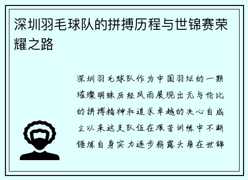 深圳羽毛球队的拼搏历程与世锦赛荣耀之路